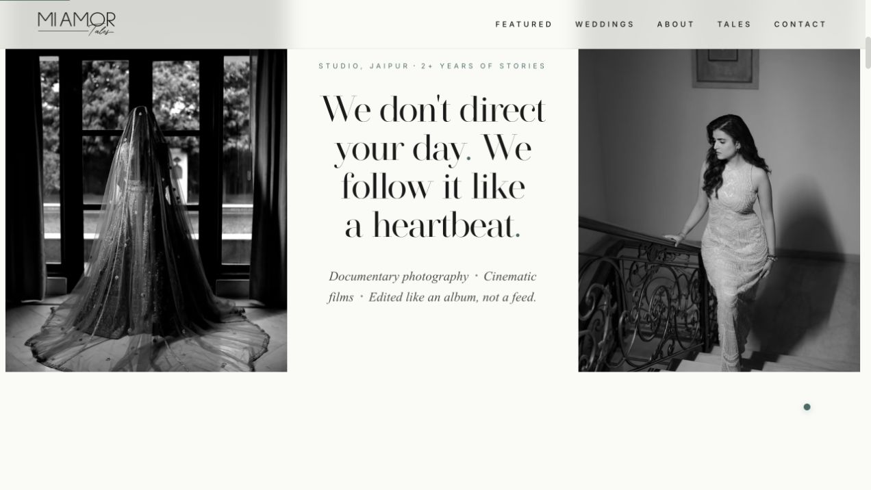 Mi Amor Tales editorial homepage section with black-and-white wedding imagery, large typography, and a quiet grid.