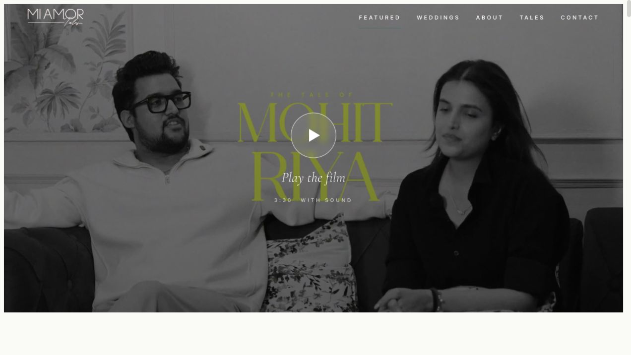 Mi Amor Tales film story page for Mohit and Riya with a video play control and editorial framing.