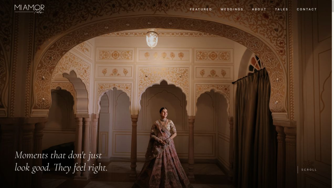 Mi Amor Tales homepage introducing its wedding-photography world through a warm editorial hero image and navigation.