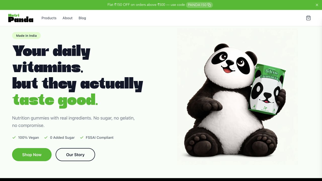 NutriPanda's live storefront, with bold green typography, its panda mascot, and a clear Shop Now action.