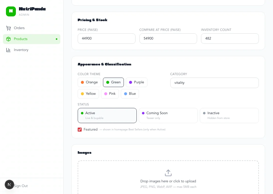 NutriPanda administration screen for product pricing, stock, colour theme, and availability settings.