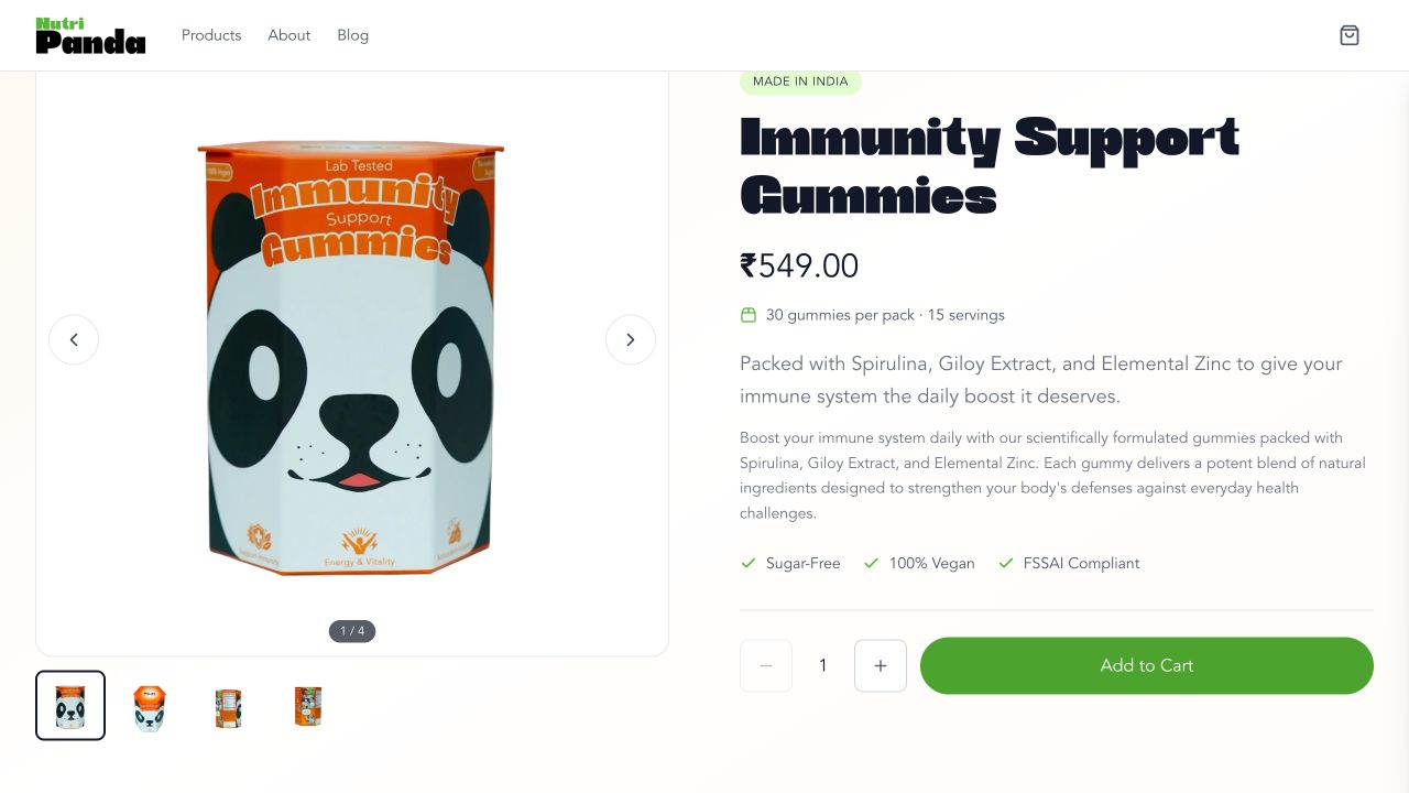 NutriPanda's Immunity Support Gummies page with its image gallery, product description, price, quantity selector, and Add to Cart button.