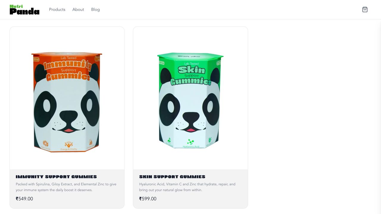 NutriPanda's live product range showing Immunity Support and Skin Support Gummies with packaging, descriptions, and prices.